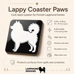 Care and product info for the Finnish Lapphund Black Face Cork-Back Coaster Finnish Lapphund cork-back coaster