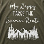 My Lappy Takes the Scenic Route T-Shirt – Adventure with Your Lapphund design close-up on a Finnish Lapphund t-shirt