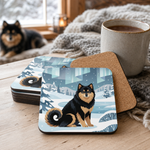 Cork backing and size of the Finnish Lapphund Northern Lights Winter Illustration Cork-Back Coaster Finnish Lapphund coaster