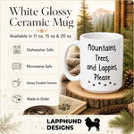 Care and product info for the Finnish Lapphund Mug Mountains Trees Lappies Dog Fan Gift Finnish Lapphund mug