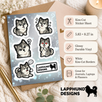 Specs and details for the Finnish Lapphund Curious Reactions Sticker Sheet – Questions, Hearts & Sweet Expressions Finnish Lapphund sticker sheet
