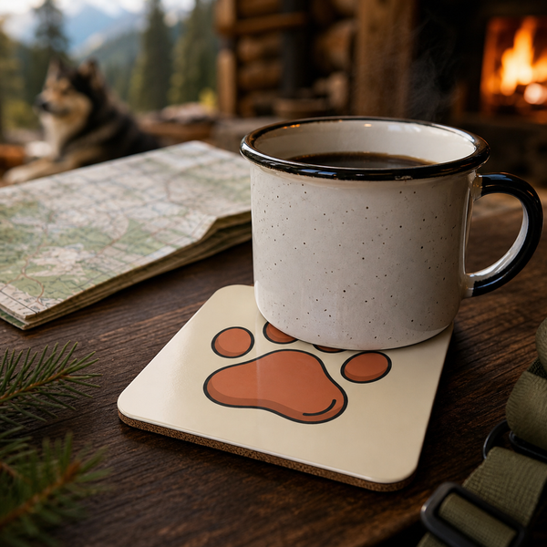 Finnish Lapphund Paw Print Cork-Back Coaster Finnish Lapphund cork-back coaster in use on a table