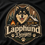Finnish Lapphund Cabin Campfire Badge T-Shirt design close-up on a Finnish Lapphund t-shirt