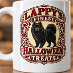 Printed design close-up on the Finnish Lapphund Lappy's Finest Treats Halloween Mug Finnish Lapphund mug