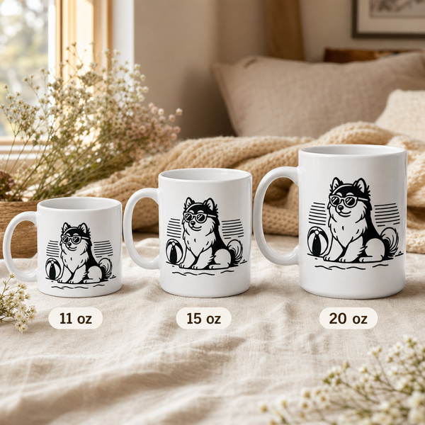 Finnish Lapphund Mug Beach Shades Nordic Dog Vacation Gift Finnish Lapphund mug size lineup, 11oz 15oz and 20oz