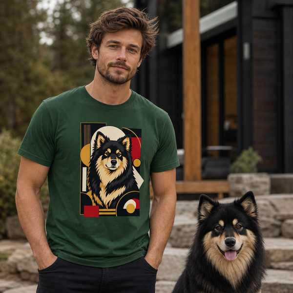 Finnish Lapphund Art Deco Portrait T-Shirt Finnish Lapphund t-shirt worn, lifestyle photo