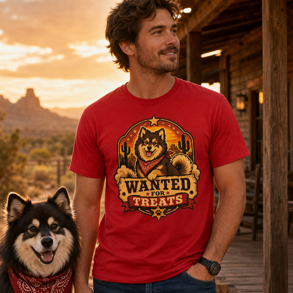 Finnish Lapphund Wanted For Treats T-Shirt Finnish Lapphund t-shirt worn, lifestyle photo