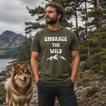 Embrace the Wild Finnish Lapphund T-Shirt - Bold Outdoor Apparel Finnish Lapphund t-shirt worn, lifestyle photo