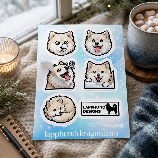 Individual peel detail of the Finnish Lapphund Winter Joy Sticker Sheet – Snowy Smiles, Cozy Curls & Cold-Weather Play Finnish Lapphund sticker sheet