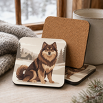 Cork backing and size of the Finnish Lapphund Winter Cabin Illustration Cork-Back Coaster Finnish Lapphund coaster