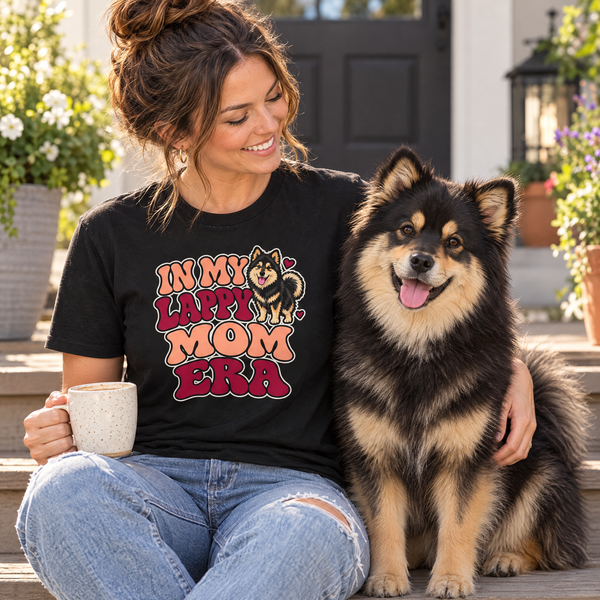 Finnish Lapphund In My Lappy Mom Era T-Shirt Finnish Lapphund t-shirt worn, lifestyle photo