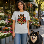 Finnish Lapphund Good Dog Energy Tattoo T-Shirt Finnish Lapphund t-shirt worn, lifestyle photo