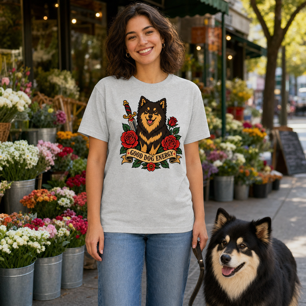 Finnish Lapphund Good Dog Energy Tattoo T-Shirt Finnish Lapphund t-shirt worn, lifestyle photo