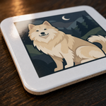 Glossy print detail on the Finnish Lapphund Cream Night Forest Cork-Back Coaster Finnish Lapphund coaster