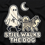 Finnish Lapphund Still Walks the Dog Halloween T-Shirt design close-up on a Finnish Lapphund t-shirt