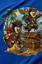 Finnish Lapphund Pirate Treasure Island Adventure Illustration T-Shirt design close-up on a Finnish Lapphund t-shirt