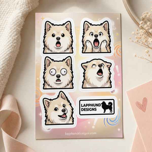 Finnish Lapphund Goofy Surprise Sticker Sheet – Wide Eyes, Funny Faces & Playful Shock Finnish Lapphund sticker sheet