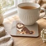 Finnish Lapphund Brown Sitting Illustration Cork-Back Coaster Finnish Lapphund cork-back coaster in use on a table