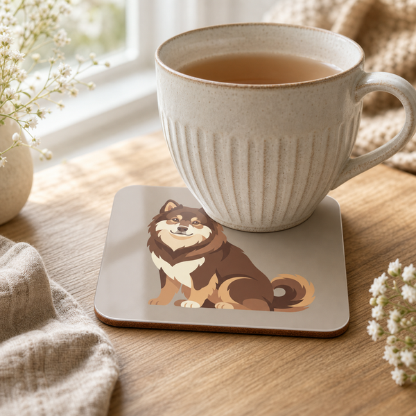 Finnish Lapphund Brown Sitting Illustration Cork-Back Coaster Finnish Lapphund cork-back coaster in use on a table