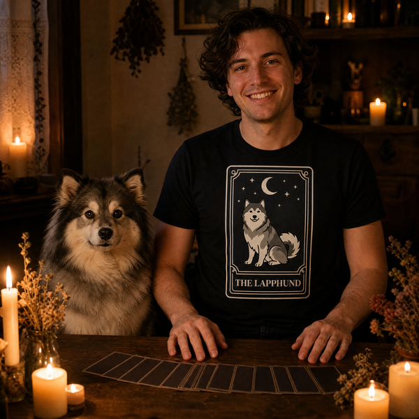 Finnish Lapphund Tarot Card Halloween T-Shirt Finnish Lapphund t-shirt worn, lifestyle photo