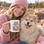 Finnish Lapphund Pink Pumpkin Season Halloween Mug Finnish Lapphund mug in use, lifestyle photo