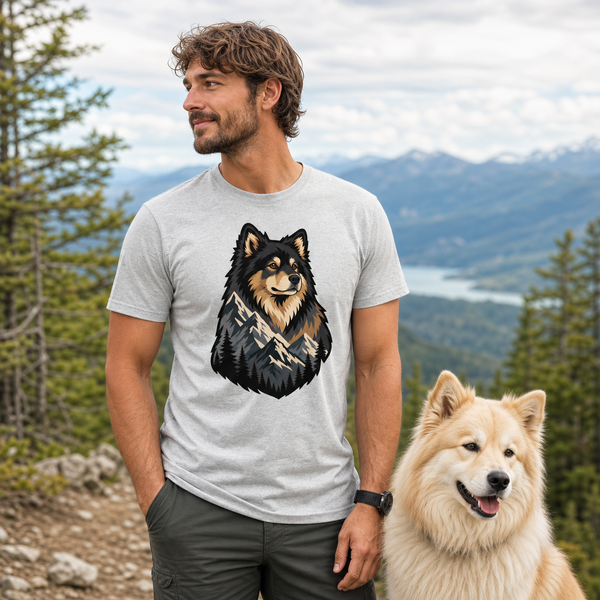 Finnish Lapphund Mountain Spirit T-Shirt Finnish Lapphund t-shirt worn, lifestyle photo