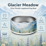 Glacier Meadow Finnish Lapphund 32oz dog bowl features and specs