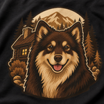 Finnish Lapphund Cabin Country Portrait T-Shirt design close-up on a Finnish Lapphund t-shirt