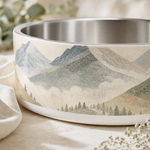 Cloud Dancer Peaks design detail on a Finnish Lapphund 32oz dog bowl