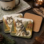 Cork backing and size of the Finnish Lapphund Wolf Sable Cabin Scene Cork-Back Coaster Finnish Lapphund coaster