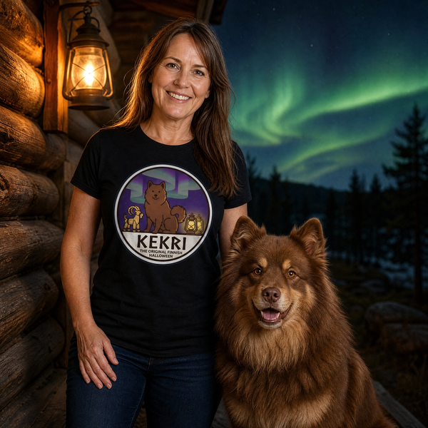 Finnish Lapphund Kekri Original Finnish Halloween T-Shirt Finnish Lapphund t-shirt worn, lifestyle photo