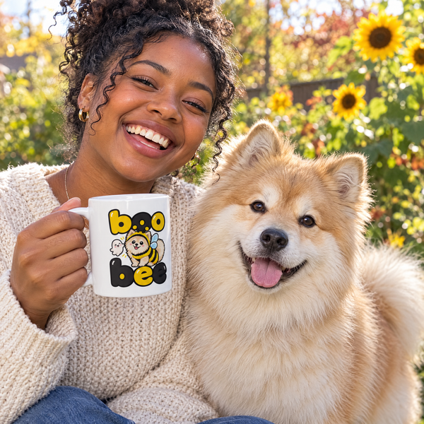 Finnish Lapphund Boo Bee Halloween Mug Finnish Lapphund mug in use, lifestyle photo