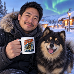Finnish Lapphund Greetings from Spooky Lapland Halloween Mug Finnish Lapphund mug in use, lifestyle photo