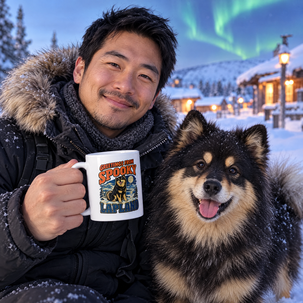 Finnish Lapphund Greetings from Spooky Lapland Halloween Mug Finnish Lapphund mug in use, lifestyle photo