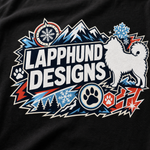 Finnish Lapphund Arctic Adventure Logo T-Shirt design close-up on a Finnish Lapphund t-shirt