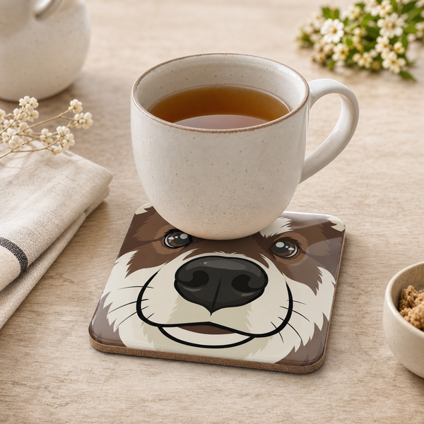 Finnish Lapphund Brown and White Face Cork-Back Coaster Finnish Lapphund cork-back coaster in use on a table