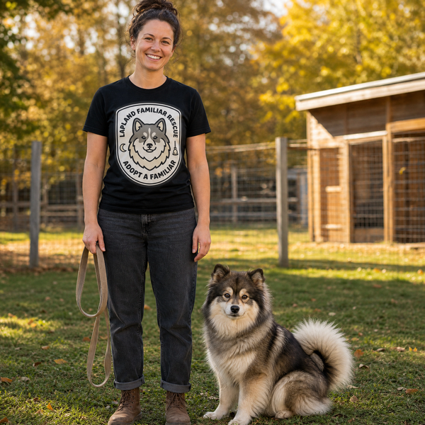 Finnish Lapphund Adopt a Familiar Halloween T-Shirt Finnish Lapphund t-shirt worn, lifestyle photo