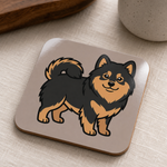 Glossy print detail on the Finnish Lapphund Friendly Icon Illustration Cork-Back Coaster Finnish Lapphund coaster