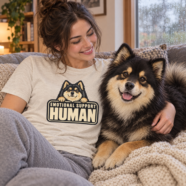 Finnish Lapphund Emotional Support Human T-Shirt Finnish Lapphund t-shirt worn, lifestyle photo
