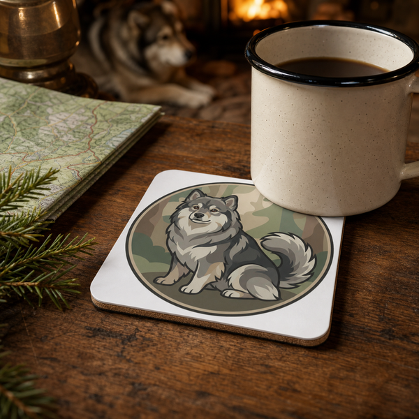 Finnish Lapphund Forest Heritage Illustration Cork-Back Coaster Finnish Lapphund cork-back coaster in use on a table