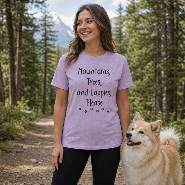 Mountains, Trees, and Lappies Please T-Shirt – Perfect for Lapphund Lovers & Nature Enthusiasts Finnish Lapphund t-shirt worn, lifestyle photo