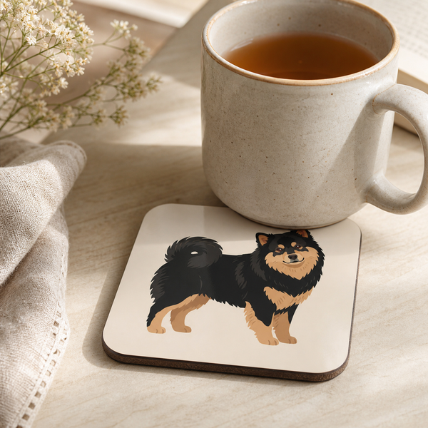 Finnish Lapphund Classic Full-Body Illustration Cork-Back Coaster Finnish Lapphund cork-back coaster in use on a table