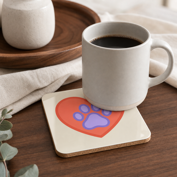 Finnish Lapphund Paw Heart Icon Cork-Back Coaster Finnish Lapphund cork-back coaster in use on a table