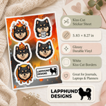 Specs and details for the Finnish Lapphund Stressed Reactions Sticker Sheet – Overwhelmed Faces, “It’s Fine” & Heat Moments Finnish Lapphund sticker sheet