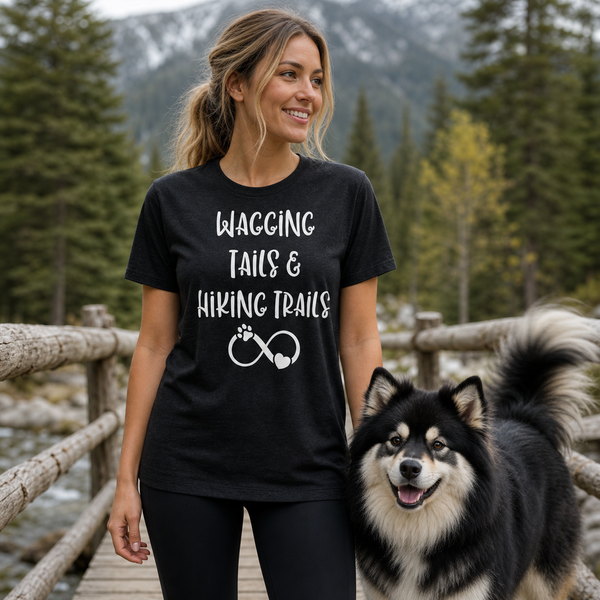 Wagging Tails & Hiking Trails Finnish Lapphund T-Shirt Finnish Lapphund t-shirt worn, lifestyle photo