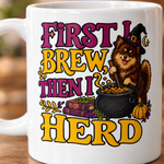 Printed design close-up on the Finnish Lapphund First I Brew, Then I Herd Halloween Mug Finnish Lapphund mug