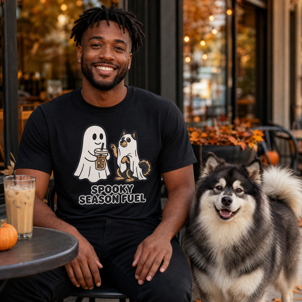 Finnish Lapphund Spooky Season Fuel Halloween T-Shirt Finnish Lapphund t-shirt worn, lifestyle photo