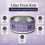 Lilac Frost Knit Finnish Lapphund 32oz dog bowl features and specs