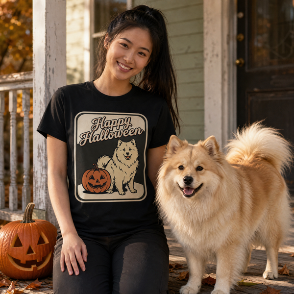 Finnish Lapphund Vintage Happy Halloween T-Shirt Finnish Lapphund t-shirt worn, lifestyle photo
