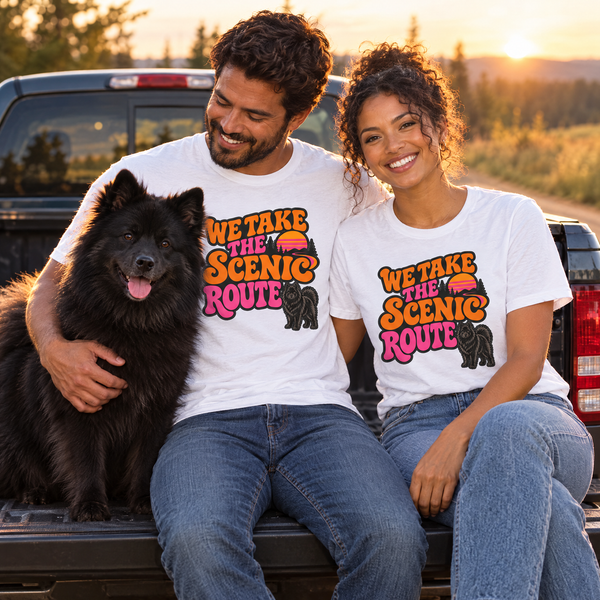 Finnish Lapphund We Take the Scenic Route T-Shirt Finnish Lapphund t-shirt worn, lifestyle photo